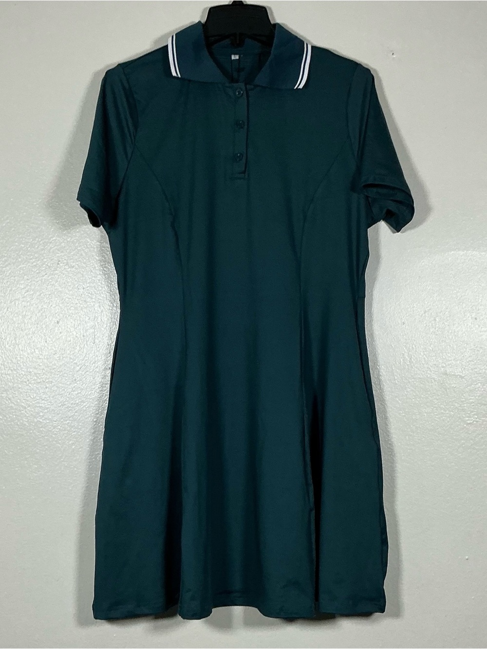 Women Short Sleeve Polo Dress large with contrast tipped collar dark teal NWT